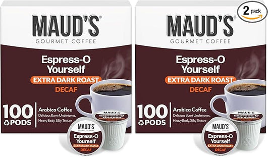 Maud's Decaf Espresso Roast Coffee Pods, 100 ct, Decaffeinated Dark Roast Coffee in Recyclable Single Serve Pods – 100% Arabica Coffee, Compatible with Keurig K Cups Maker (Pack of 2)