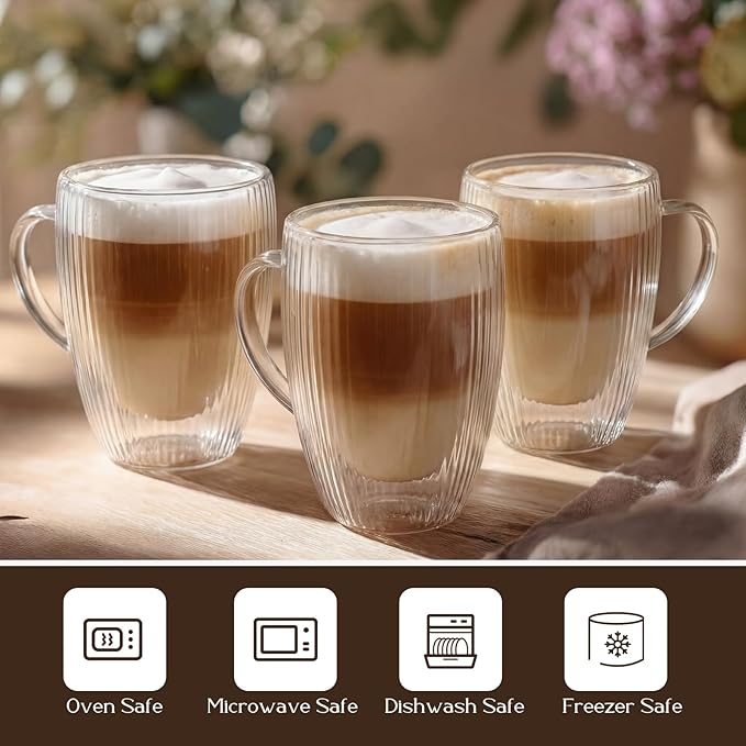 Zhehao 6 Pack Double Wall Glass Coffee Mugs with Handle 12 oz Clear Coffee Cups with Handle Insulated Glass Espresso Mugs Tea Cups for Latte Cappuccino Hot Chocolate
