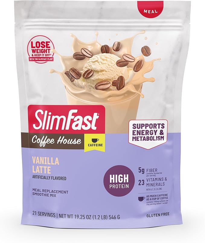 SlimFast High Protein Meal Replacement Powder, Caffeine Protein Powder, Energizing Protein Mix, Vitamin and Mineral Blend, Gluten Free, Coffee Flavored Protein Powder, Vanilla Latte, 21 Servings