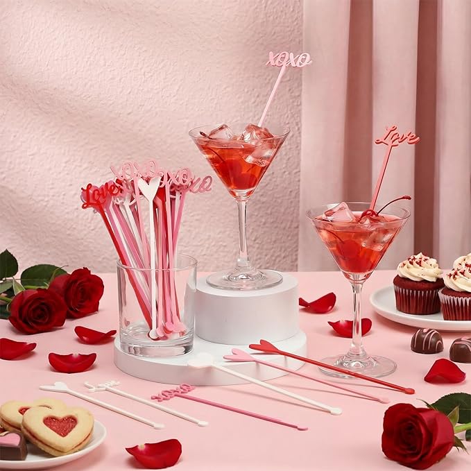 32 Pcs Valentines Day Cocktail Stirrers 7 Inch Heart Love Lips Drink Coffee Stirrers Cute Acrylic Stir Sticks for Valentines Wedding Drink Birthday Bridal Cocktail Supply(Classic Style)