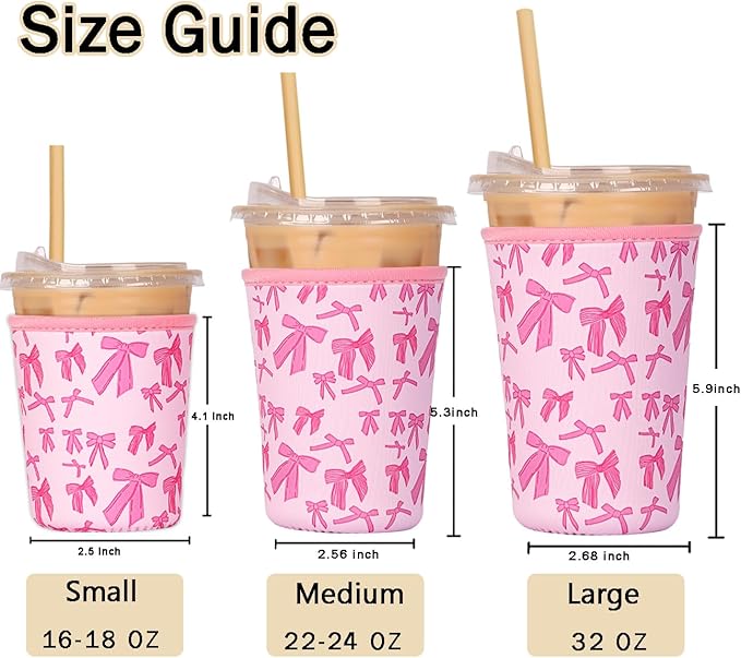 Reusable Insulated Sleeve for Iced Coffee Cup, Coffee Neoprene Sleeve for Cold & Hot Drinks, Beverage Holder for Iced Coffee (Pink Bows, Small: 16-18oz)
