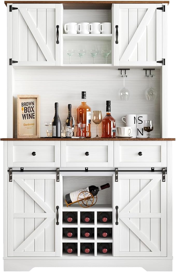 72" Farmhosue Coffee Bar Cabinet with Storage Shelves and 3 Drawers, Kitchen Hutch Storage Cabinet with Sliding Barn Door & Wine Racks & Wine Glass Holder, Bar Cabinets for Home/Living Room, White