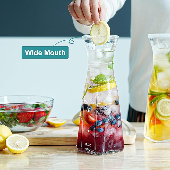 Glass Pitcher, 1 Liter Carafe for Mimosa Bar, 2 Pcs, Square Pitcher with Lid and Spout, Juice Container for Fridge, Cold Brew, Milk, Water Dispenser, Tea, Creamer, Sangria (3 Lids & 2 Spouts)
