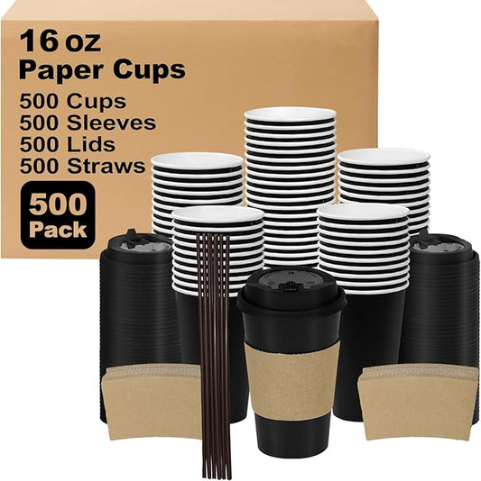 Coolcap 16 oz 500 Pack Coffee Cups with Lids and Sleeves, Straws, Hot Disposable To Go Travel Paper Cups Bulk for Office, Home Coffee Bar Accessories, Chocolate, Cocoa, Beverage (Black)