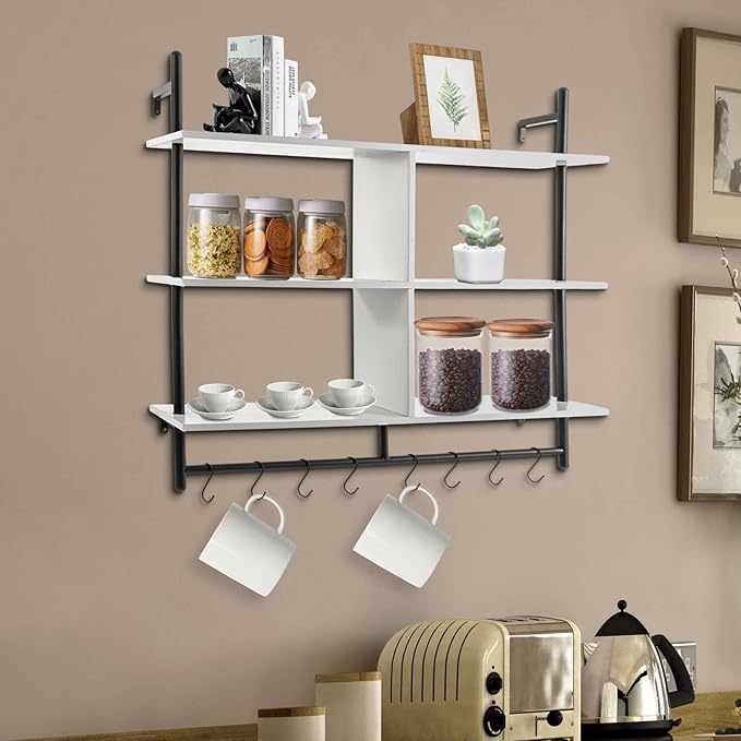 Industrial Pipe Wall Shelf with 8 Hooks – 3-Tier 42" White Floating Shelf | 55lb Load Carbon Steel & MDF for Kitchen Coffee Bar Bathroom Office Storage