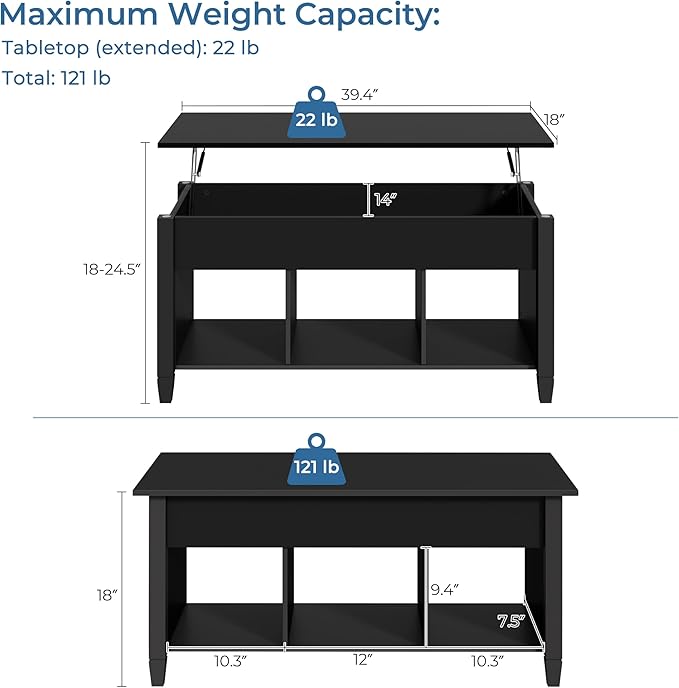 Yaheetech Coffee Table, Lift Top Coffee Table w/Hidden Storage Compartment & Lower 3 Cube Open Shelves, Lift Tabletop Center Tables for Living Room/Reception Room/Office, Black