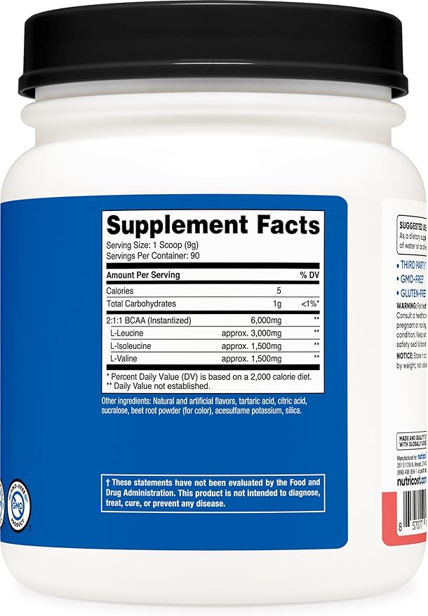 Nutricost BCAA Powder (Watermelon, 90 Serv) - Optimal 2:1:1 Ratio