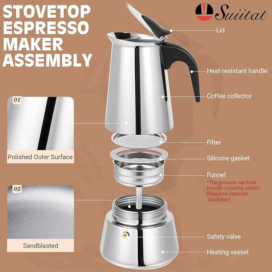 Suiitat Moka Pot, 9 Cups (15.9 oz) Stovetop Espresso Maker, 304 Stainless Steel Moka Pot, Induction Compatible, Silver