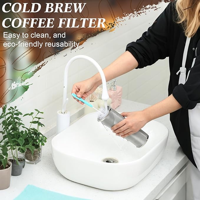 Acellegic Cold Brew Coffee Filter with Brush for 64 Oz/2 Quart Wide Mouth Mason Jar Infuser 304 Stainless Steel Filter Food Grade Strainer with Sealing Ring for Iced Drink Fruit Tea Coffee Maker