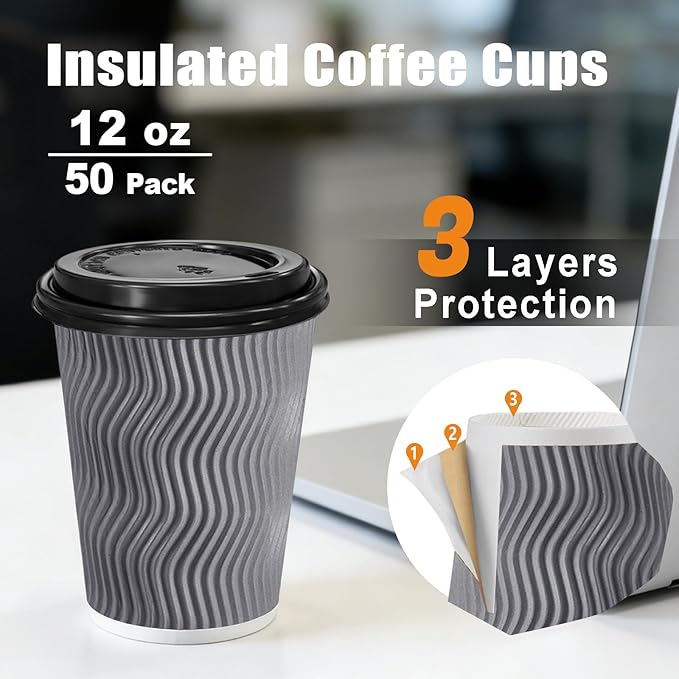 BYSNOW 50 Pack 12 oz Coffee Cups with Lids, Disposable Insulated Hot Cups To Go Paper Coffee Cups, Corrugated Ripple Wall Cup for Hot Drink, Office, Coffee Bar (Grey 12 oz)