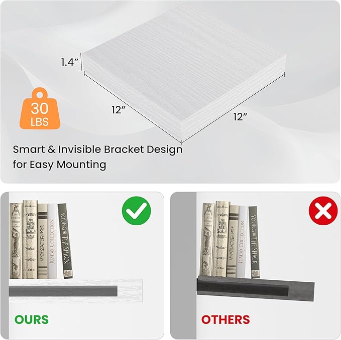 Square Floating Shelves for Wall, 12" W x 12" D x 1.4" H, Small Wooden Wall Mounted Display Shelves with Invisible Brackets for Living Room, Bedroom, Bathroom, Kitchen Decor, Set of 3, White