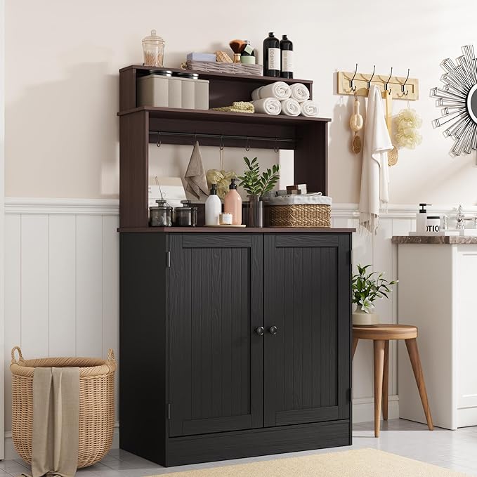 MHOM Farmhouse Coffee Bar Cabinet with Storage, Rustic Buffet Cabinet with 5 Hooks, Small Coffee Station Cabinet for Kitchen & Dining Room, Antique Black