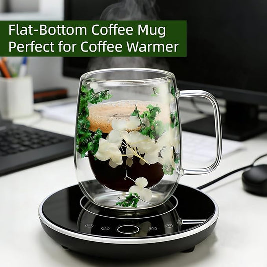 Dried Flowers Double Wall Insulated Coffee Mug, Borosilicate Glass Tea Cup with Real Flower Embedded, Heat Resistant Handle for Valentine's Day Birthday Gifts (green,8.45oz)