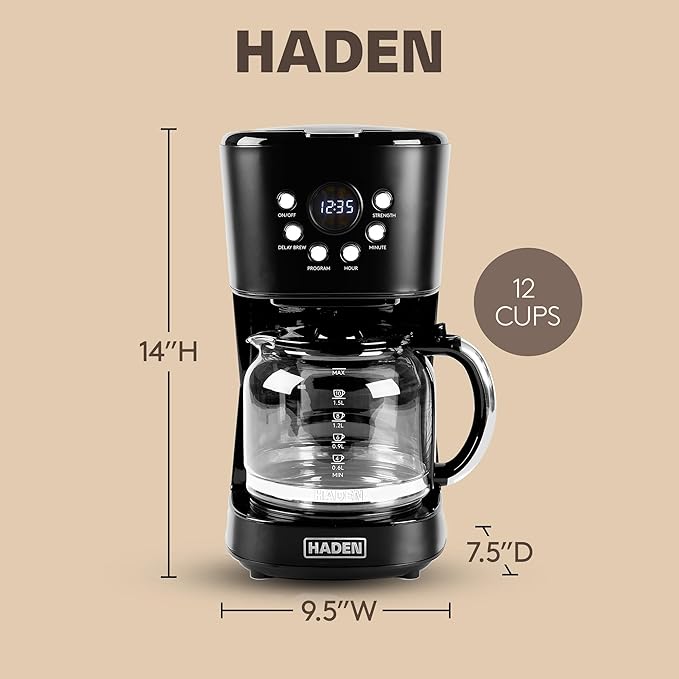 Haden Coffee Machine, 12 Cup Programmable Drip Coffee Maker with Auto Shut-Off Function and Reusable Washable Water Filter, Black & Chrome