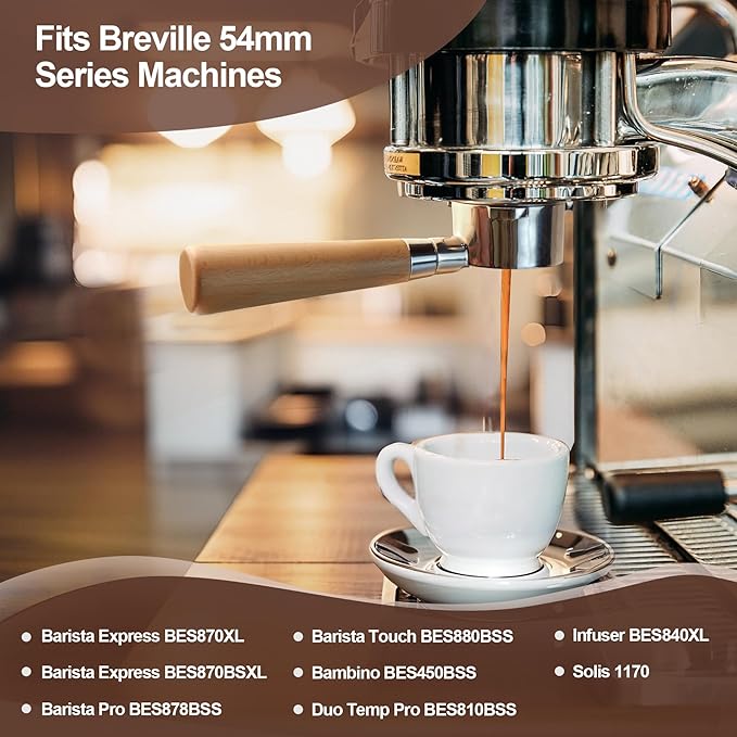 stochastic box 54 mm Bottomless Portafilter with Puck Screen, 3 Ears Espresso Portafilter Compatible with Breville Barista Express Machines,Stainless Steel Por tafilter and Maple Handle