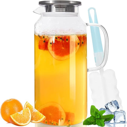Yirilan Glass Pitcher, 2 Liter(68oz) Water Pitcher with Lid and Spout, Large Pitchers for Drinks, Water Carafe Jug, Beverage Pitchers