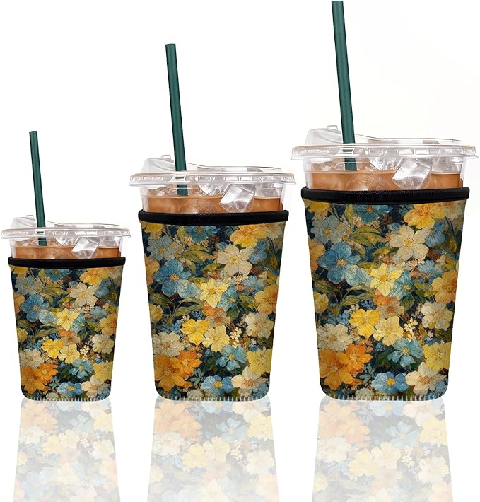 Neoprene Iced Coffee Sleeve 3 Pack, Reusable Insulated Cup Holder with Vintage Oil Painting Floral Pattern, Fits 16–32 oz Tumblers, Compatible with Starbucks & Dunkin