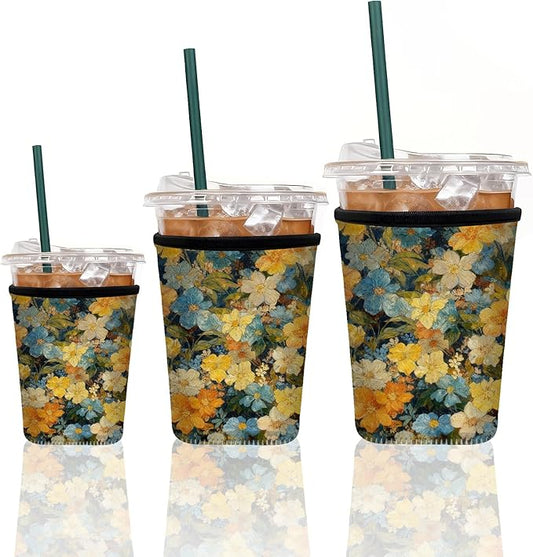 Neoprene Iced Coffee Sleeve 3 Pack, Reusable Insulated Cup Holder with Vintage Oil Painting Floral Pattern, Fits 16–32 oz Tumblers, Compatible with Starbucks & Dunkin
