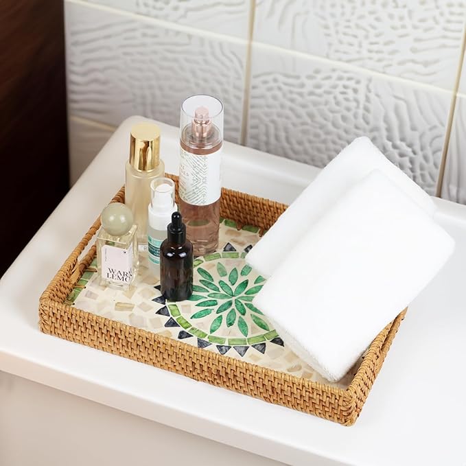Rattan Serving Tray, Rectangle Coffee Table Tray with Mother of Pearl Inlay, Decorative Wicker Basket with Handle for Coffee, Bread, Fruits, Snacks, Table Decor (Bohemia)