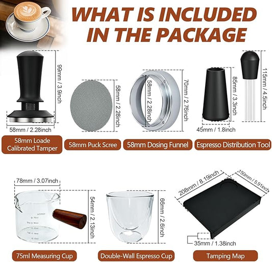 7 Pcs 58mm Espresso Accessories Kit, Spring Loaded Calibrated Tamper, WDT Tool, Coffee Measuring & Espresso Cup and Tamper Mat, Puck Screenr & Dosing Funnel, Fit 58mm Espresso Machine Accessories