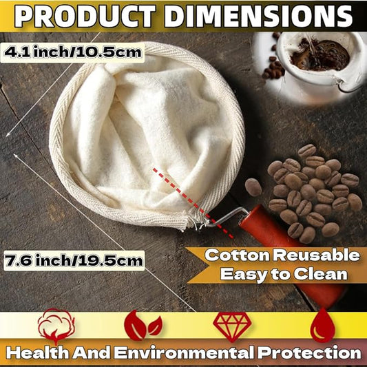 WenTigDY Cloth Coffee Sock Filter,7.3 x 3.9 inches Handmade Coffee Filter Washable Reusable Flannel Coffee Strainer Colador de Cafe de Tela with Wooden Handle for Home Office Use
