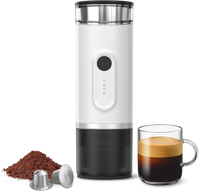 Portable Electric Espresso Machine, Self-Heating Travel Coffee Maker with USB-C, Compatible with Ground Coffee & NS Capsules, Ideal for Camping, Car, RV, Hiking & Office (White)