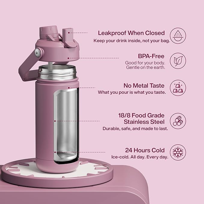 ENCOOL Insulated Water Bottle with Straw Stainless Steel Water Bottle, Leak-Proof, BPA-Free, Double Wall Vacuum Keeps Cold for 24 Hours for Sports, Travel, School (18 oz, Mountbatten Pink)