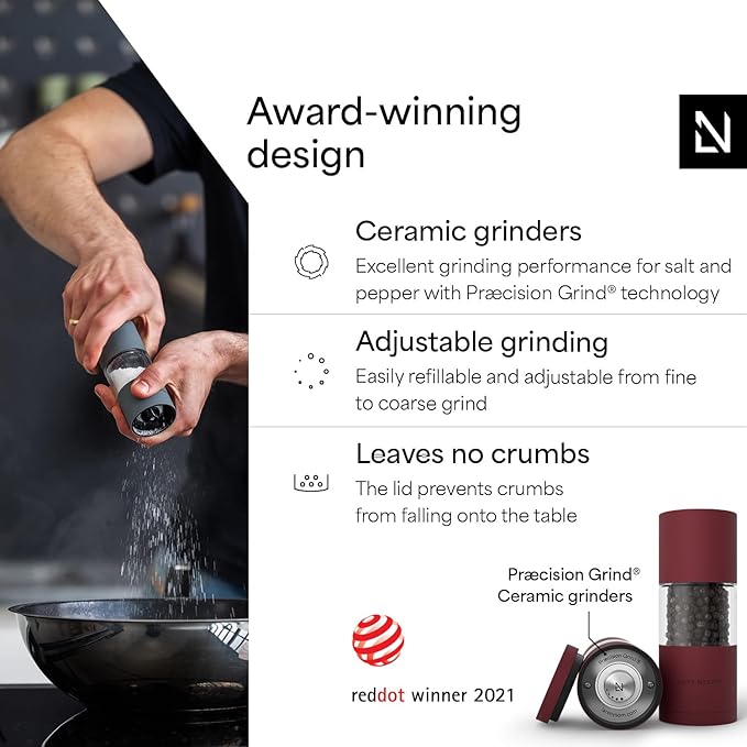 LARS NYSØM Salt and Pepper Grinder Set, Manual Salt and Pepper Mills with Adjustable Ceramic Grinder, Design Spice Shaker Set (Berry Red)