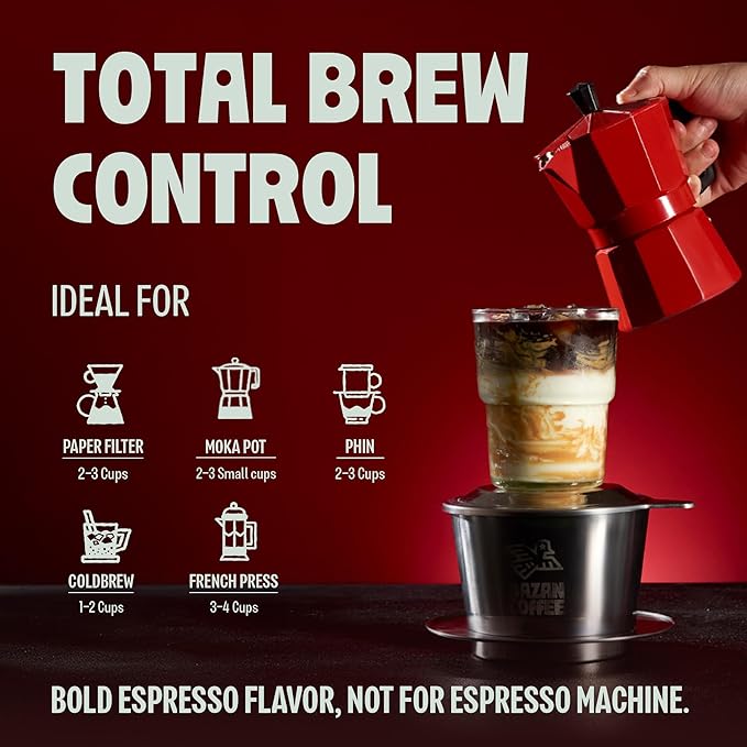 BAZAN COFFEE Vietnamese Strong Coffee, Premium Robusta & Arabica Ground, Full-Bodied Dark Roast, Smooth & Low Acidity, Ideal for Milk Drinks & Home Baristas, Bold Espresso Flavor, 12oz Bag, Overnight Blend