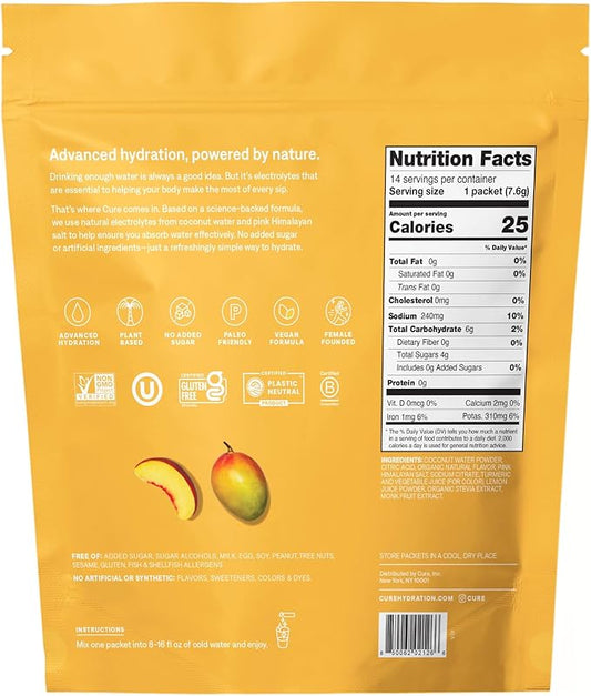 Cure Hydration | Plant-Based Electrolyte Drink Mix | No Added Sugar | Dehydration Relief Powder Made with Coconut Water | Non-GMO | Vegan | Pouch of 14 Packets - Peach Mango