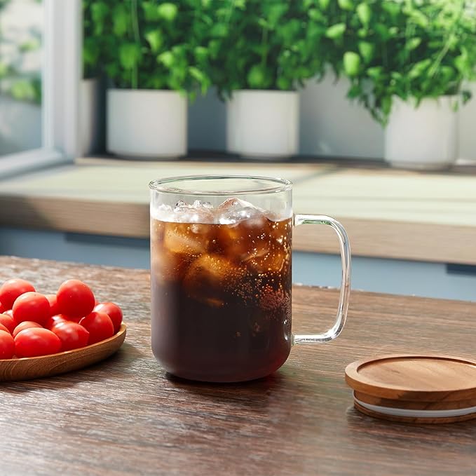 DRASTAR Glass Coffee Mugs, 20 oz Large Iced Coffee Cups, Flat Bottomed Cups with Acacia Wood Lid, Glass Tea Cup with Handle, Clear Tea Cup Set of 1
