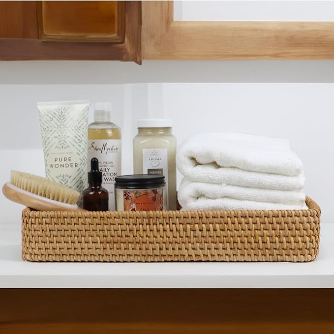 Rattan Serving Tray, Rectangle Coffee Table Tray with Handles, Decorative Ottoman Tea Tray Wicker Basket for Coffee, Bread, Fruits, Snacks, Breakfast, Drinks, Table Decor