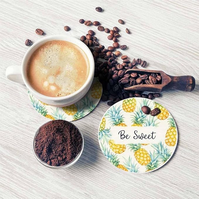 Watercolor Drink Coaster Tropical Pineapple Cartoon Exotic Fruit Pattern Be Sweet Beautiful Home Decor Diatomite Heat-Resistant Diatomite 4 Inch for Cold Drinks Wine Mugs Cups