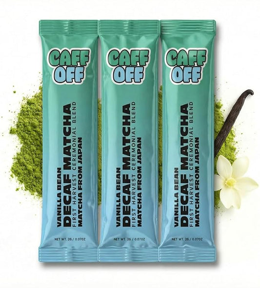 Caff Off Decaf Matcha Green Tea Powder From Japan – Sample Stick Pack - 3 x Vanilla Bean – 2g Per Stick, 6g Total - Ceremonial Grade – Naturally Decaffeinated Without Chemicals – Tested for Heavy Metals – First Harvest, Shade-Grown & Caffeine-Free Matc...