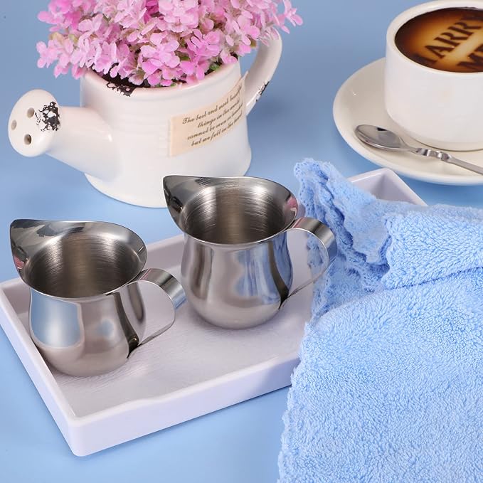 Honeydak 4 Pcs 3 oz Mini Milk Creamer Frothing Pitcher Dispenser Container with Handle, Small Stainless Steel Bell Creamer for Coffee Barista Cappuccin Jug Cups Restaurant Bakery Kitchen
