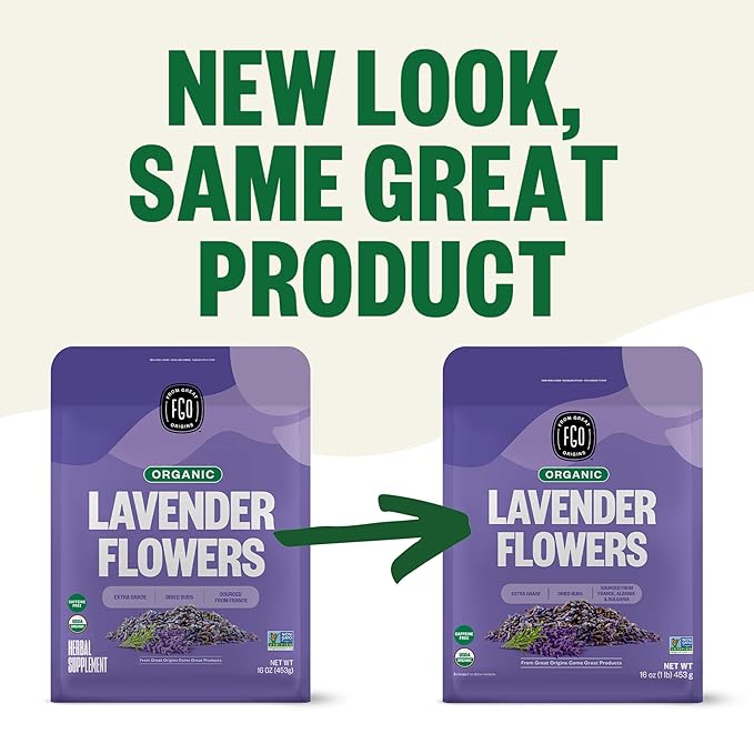 FGO Organic Dried Lavender Flowers, Extra Grade Dried Buds, Imported From France for Culinary or Sachet Bags, 16oz Bulk, Packaging May Vary (Pack of 1)