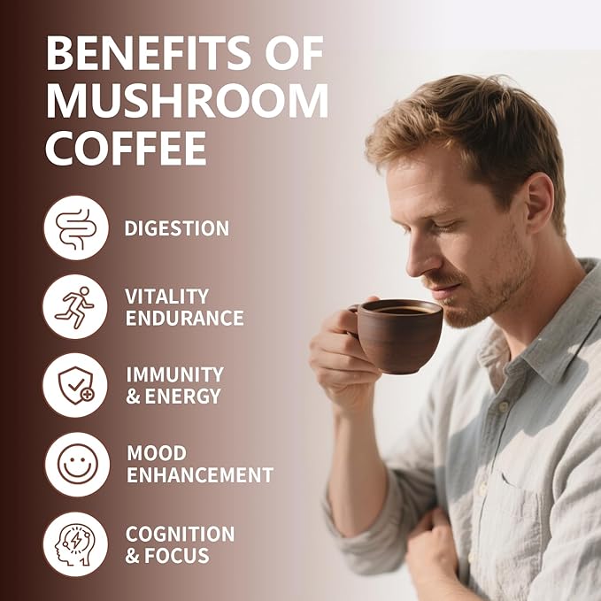 Organic Low Caffeine Mushroom Coffee 11 Superfood Instant Mushrooms Coffee with Ashwagandha, Shilajit, Lion's Mane, Reishi, Chaga & Collagen Arabica Coffe Powder Ground for Focus, Energy, Digestion and Immunity 30 Servings Cafe De Hongos