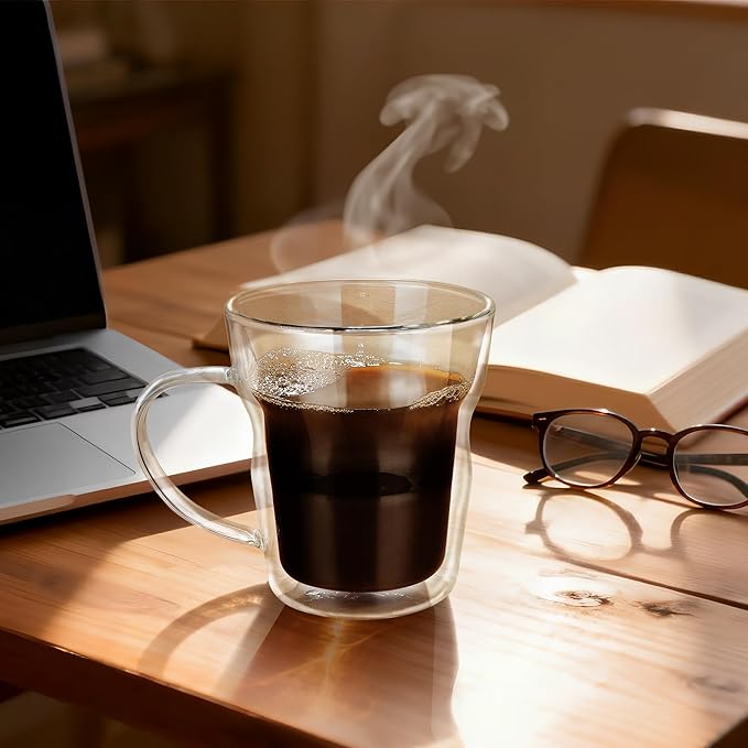 Joeyan 12oz Double Wall Insulated Coffee Mugs - Set of 2, Clear Glass Coffee Mug Espresso Cup with Handle, Perfect for Home Office, Latte, Cappuccino, Beer, Iced Tea Coffee, Hot Chocolate& Gift