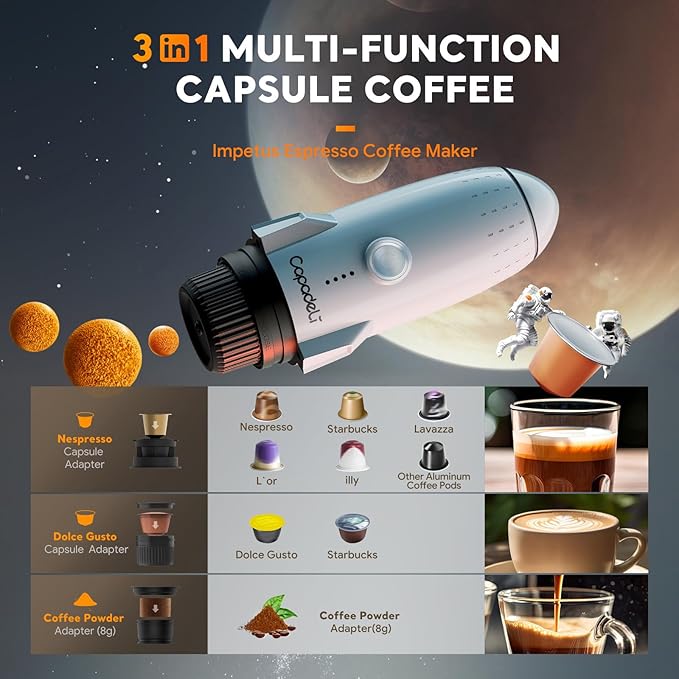 Portable Electric Espresso Machine Travel Coffee Maker for Camping 3 in 1 Self-Heating for Ground Coffee & DG NS Capsule Pods For Travel Camping and Hiking (Space Grey)