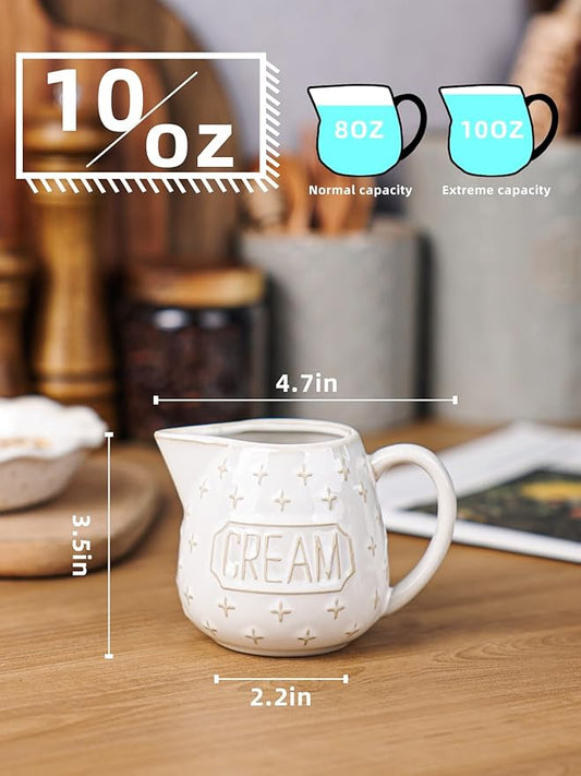 Creamer Pitcher,10 OZ Ceramic Creamer Pitcher with Handle for Milk, Sauces, Salad, Coffee, Farmhouse Kitchen Decor, Microwave & Freezer Safe (Vintage White)