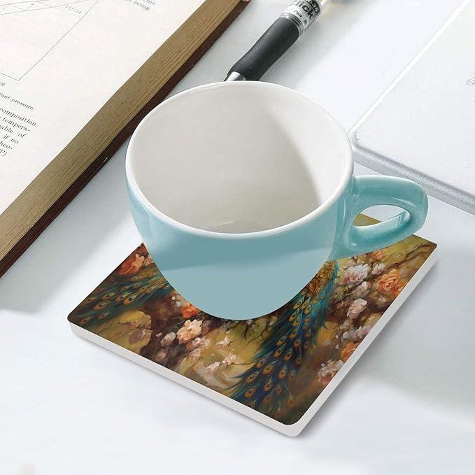 Square-4PCS Peacock Ceramic Coasters, Square Absorbent Drink Coasters, Vintage Art Beautiful Plant Floral Green Peacock Ceramic Table Coasters for Coffee, Beverage, Wine, Beer Coasters