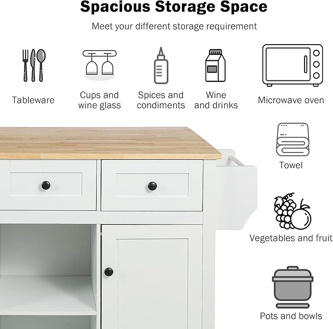 Yayzy Rolling Kitchen Island with Drop Leaf, Cabinet Door Storage Racks & 3 Drawers, Mobile Kitchen Cart with Rubberwood Top & Locking Wheels for Dining Room & Kitchen, 53-Inch, White