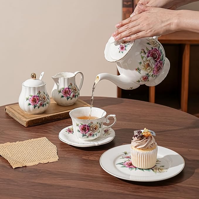 Ceramic Sugar and Creamer Set, 3 Piece Set with Cream Pitcher, Sugar Bowl, Spoon (Camellia)
