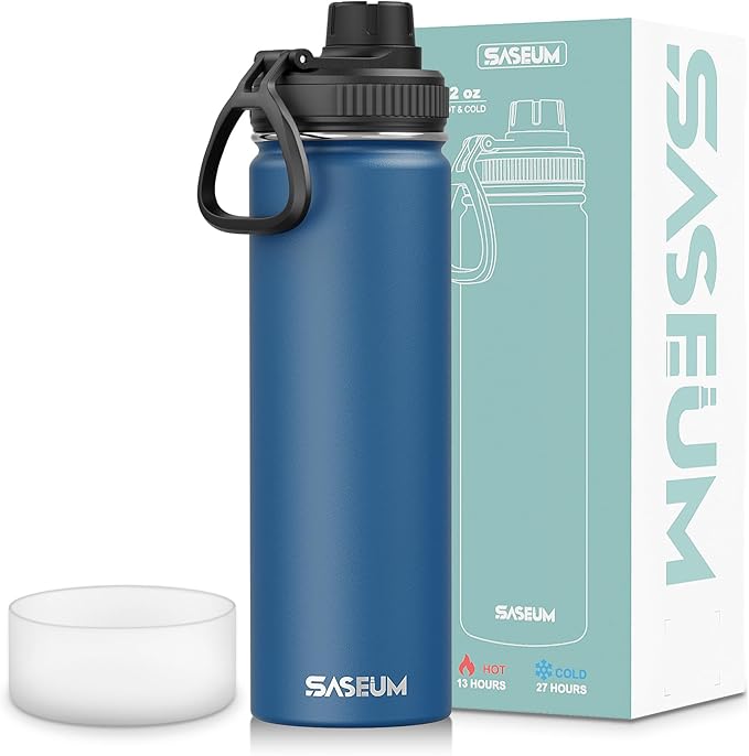 SASEUM Sport Water Bottle 22oz Stainless Steel Double Wall Vacuum Thermal Mug with Leak Proof Spout Lids, Wide Mouth Metal Insulated Water Jug for Gym and Travel（Navy）