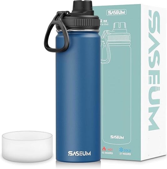 SASEUM Sport Water Bottle 22oz Stainless Steel Double Wall Vacuum Thermal Mug with Leak Proof Spout Lids, Wide Mouth Metal Insulated Water Jug for Gym and Travel（Navy）