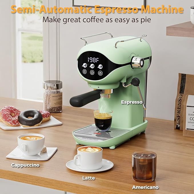 Espresso Machine with Steam Milk Frother Semi Automatic 20 Bar Compact Green with Toggle Switch for home Cafetera Espresso, Latte, Cappuccino, Americano, Macchiato