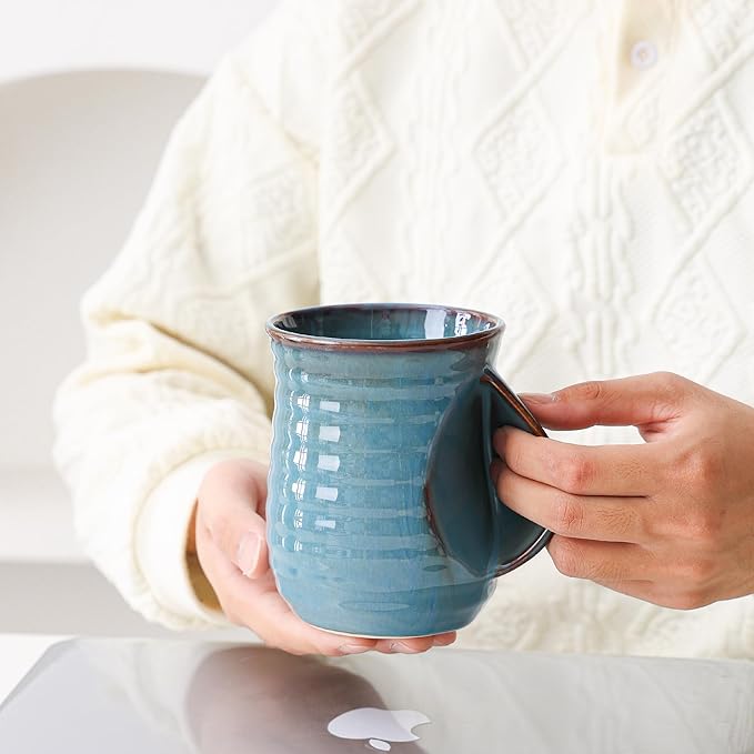 Mkour 21oz Large Ceramic Coffee Mugs, Handmade Tea Cups with Comfortable Handle for Office and Home, Microwave and Dishwasher Safe (Blue)