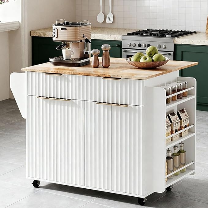 VINGLI Kitchen Island Cart, Large Rubber Wood top Mobile Cart with Storage, Adjustable Shelves, Towel Rack & Safety Bar Storage, Fluted Portable Rolling Kitchen Island with Drop Leaf, White