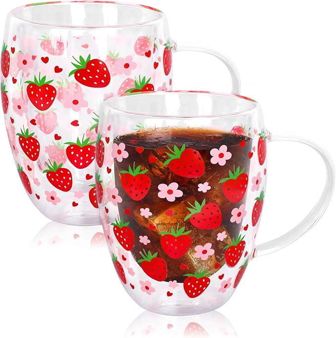 JarThenaAMCS Strawberry Double Wall Glass Coffee Mugs 12Oz Sweet Berry Flower Insulated Glasses Clear Espresso Cups with Handle for Home Holiday Supplies, Set of 2