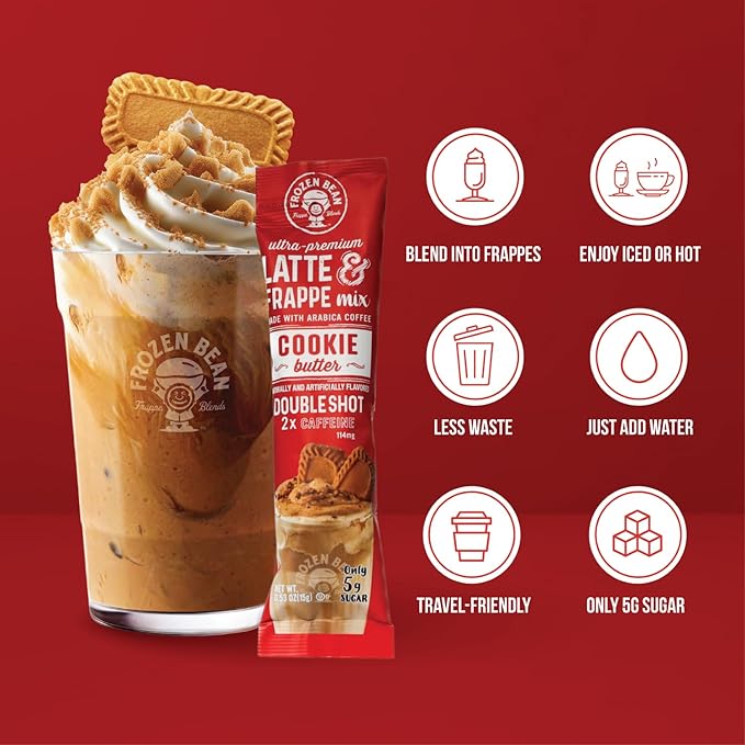 The Frozen Bean Cookie Butter Frappe & Latte Instant Mix (20 Sticks), Made with Arabica Coffee, Double Shot Caffeine, Low Sugar & Premium Ingredients, Hot, Iced, or Blended Drinks